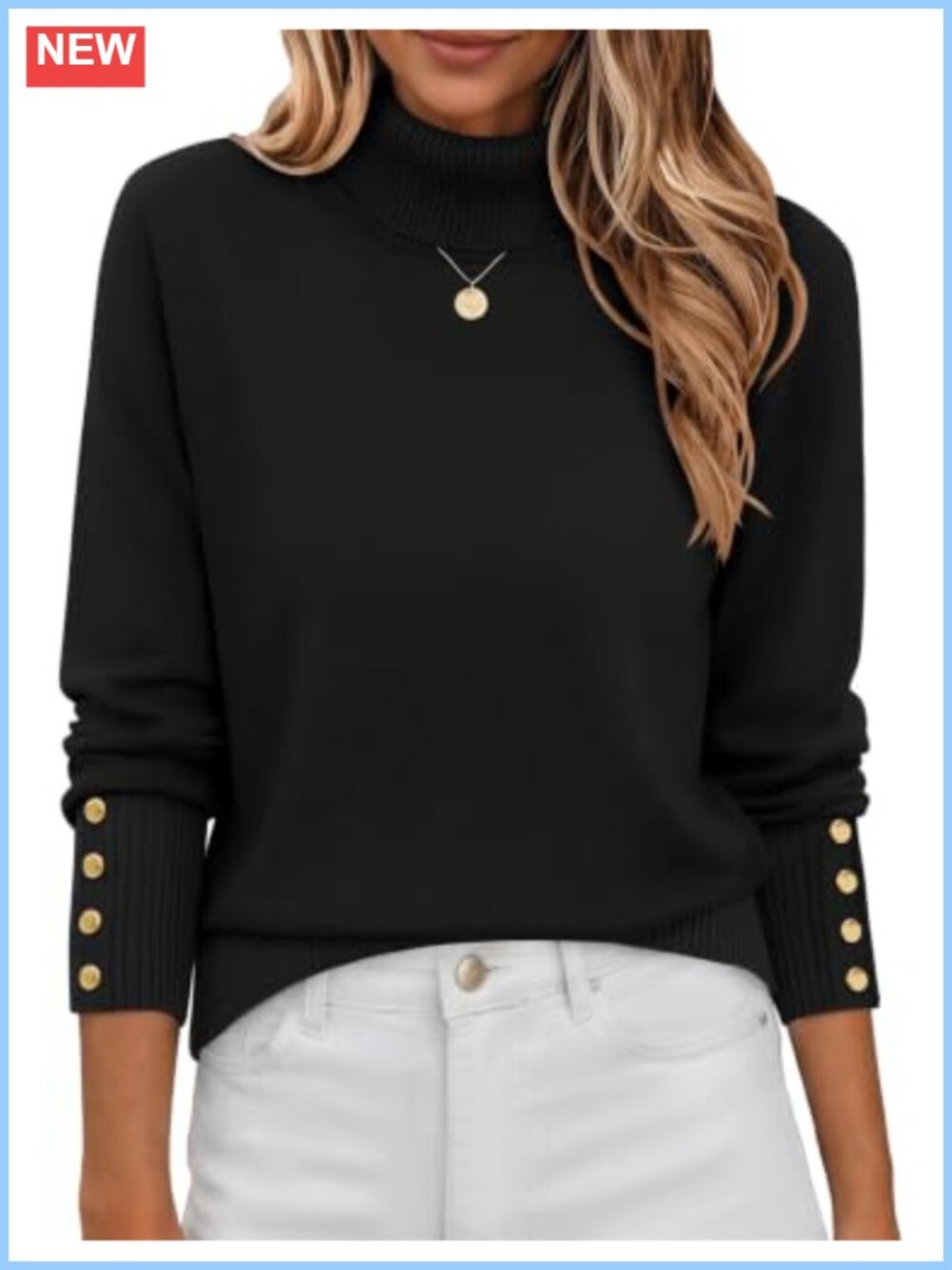 Turtleneck Sweater Viscose Blend Long Sleeve Pullover Button Cuff Knit Jumper